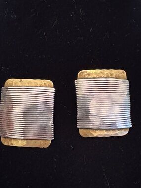 Vintage signed BAER SF Silver Wound Brass Rectangular Clip On Earrings